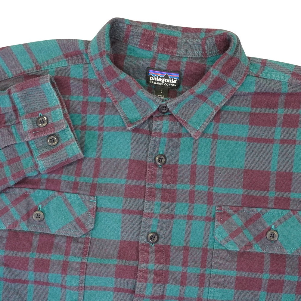 Patagonia Fjord Flannel Men L Teal Burgundy Plaid Organic Cotton Button Down